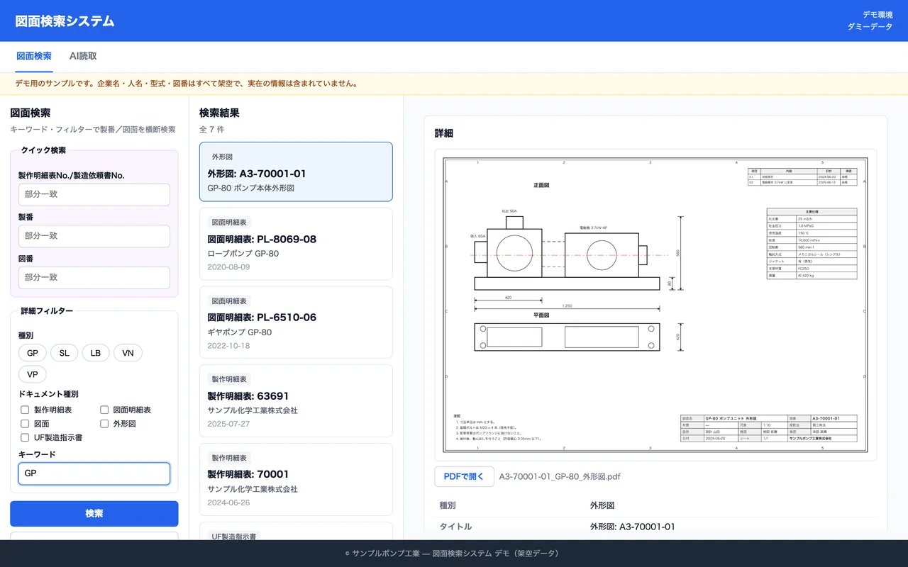 図面検索システムの画面例（サンプルデータ）